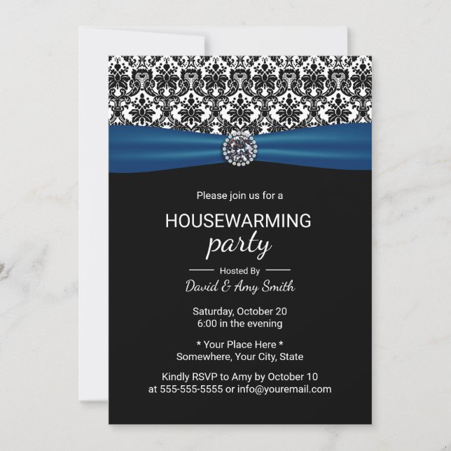 Housewarming Party Classic Blue Ribbon & Damask Invitation (Front)