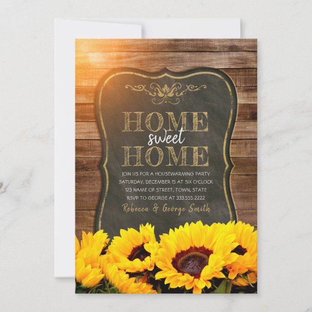 Housewarming Party Fall Sunflower Chalkboard Wood Invitation (Front)
