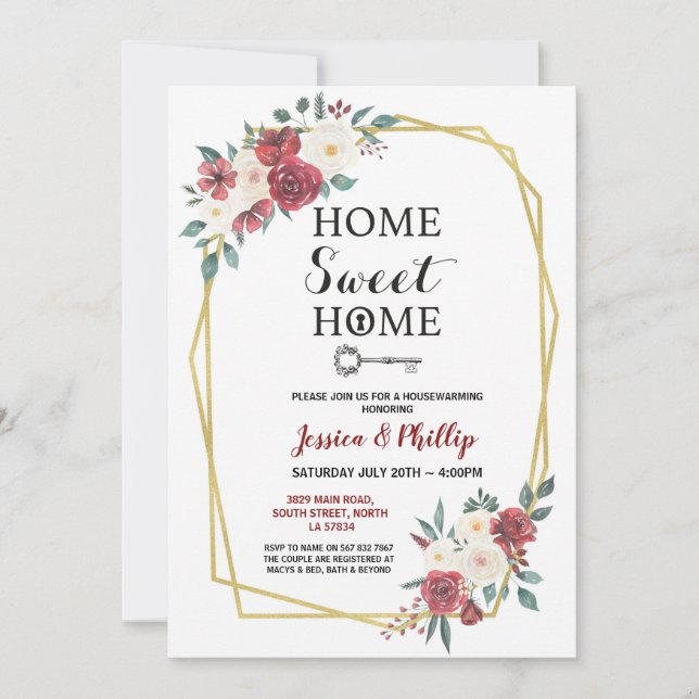 Housewarming Party Flowers New Home House Red Invitation (Front)