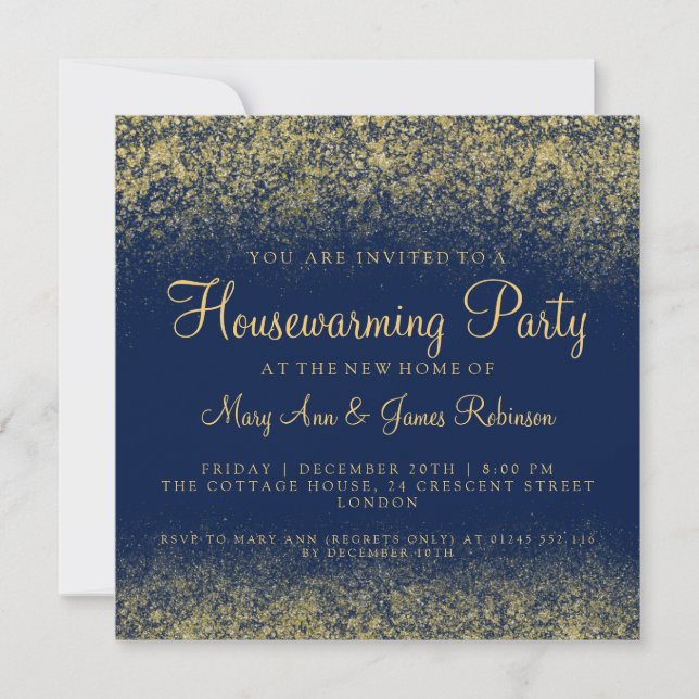 Housewarming Party Gold Glitter Dust Navy Blue Invitation (Front)
