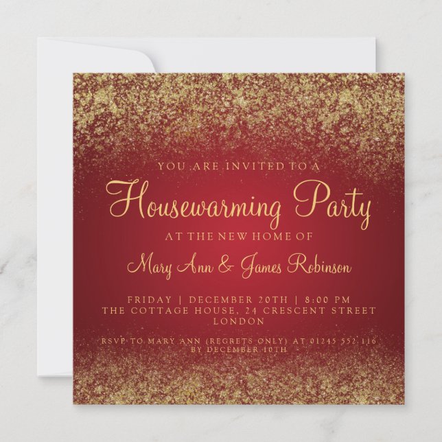 Housewarming Party Gold Glitter Dust Red Invitation (Front)