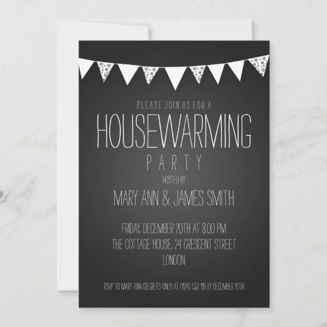 Housewarming Party Hearts Bunting Black Invitation (Front)