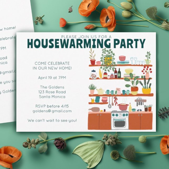 Housewarming Party Invitation Cute Cosy Kitchen  (Cute charming whimsical kitchen illustration on these custom housewarming party invitations)