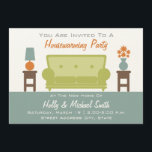 Housewarming Party Invitation - Living Room Sofa<br><div class="desc">A modern housewarming party invitation featuring a colour scheme of green,  orange,  blue,  and brown.  Green sofa sits at centre between brown end tables with a vase of flowers and a lamp.  Floor is blue.  Personalise the text at top and bottom with details of your occasion.</div>