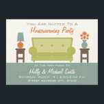 Housewarming Party Invitation - Living Room Sofa<br><div class="desc">A modern housewarming party invitation featuring a colour scheme of green,  orange,  blue,  and brown.  Green sofa sits at centre between brown end tables with a vase of flowers and a lamp.  Floor is blue.  Personalise the text at top and bottom with details of your occasion.</div>