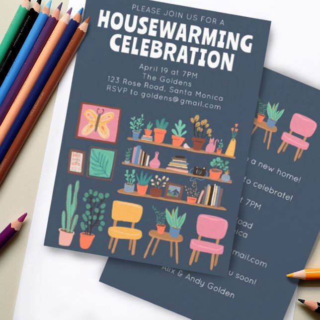 Housewarming Party Invite Cute Living Room Shelves (Housewarming party invitation with cute illustration of chairs and shelves. Customize & digital)