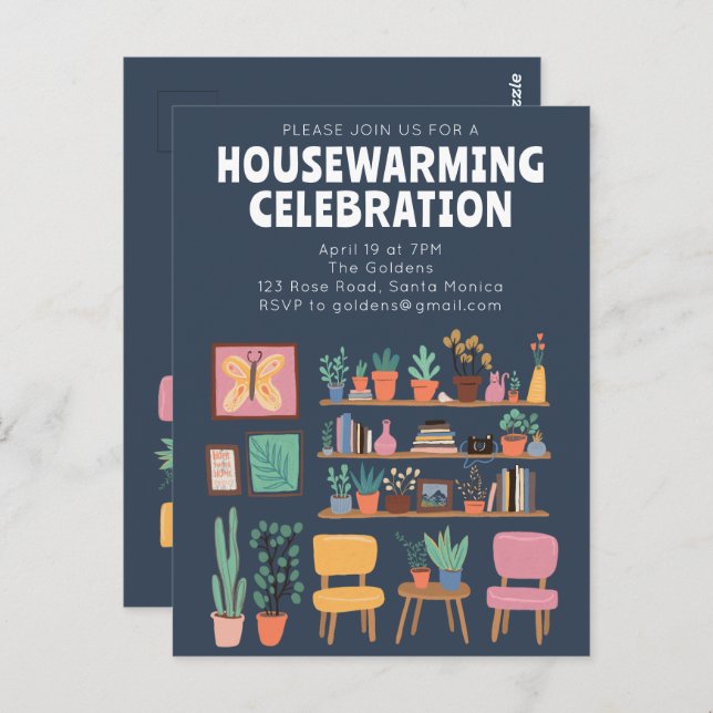 Housewarming Party Invite Cute Living Room Shelves Postcard (Front/Back)