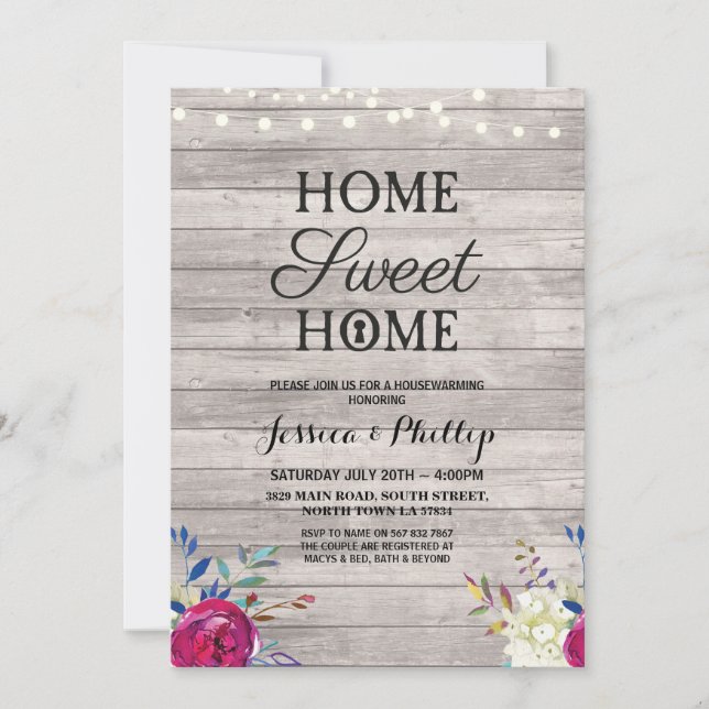 Housewarming Party Pink Flowers New Home Grey Wood Invitation (Front)