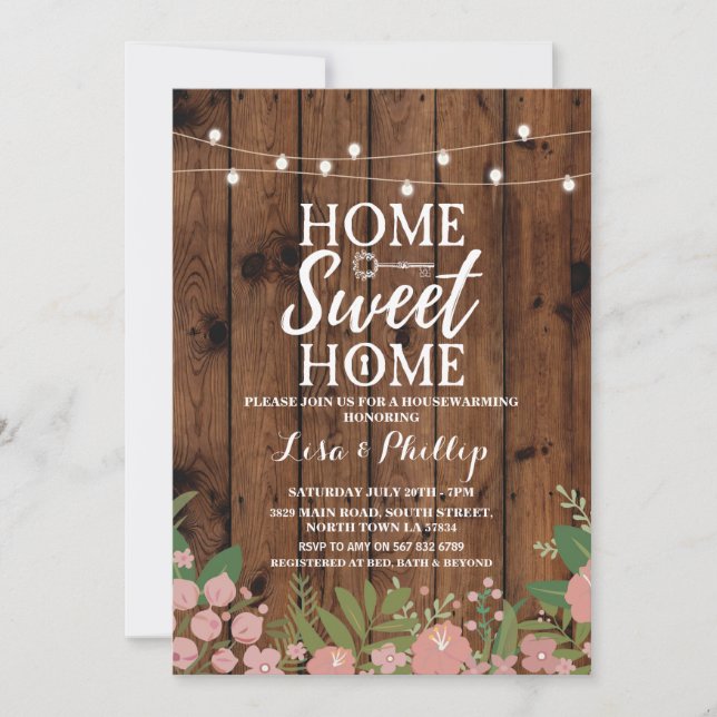 Housewarming Party Rustic Floral Wood Key Invite (Front)