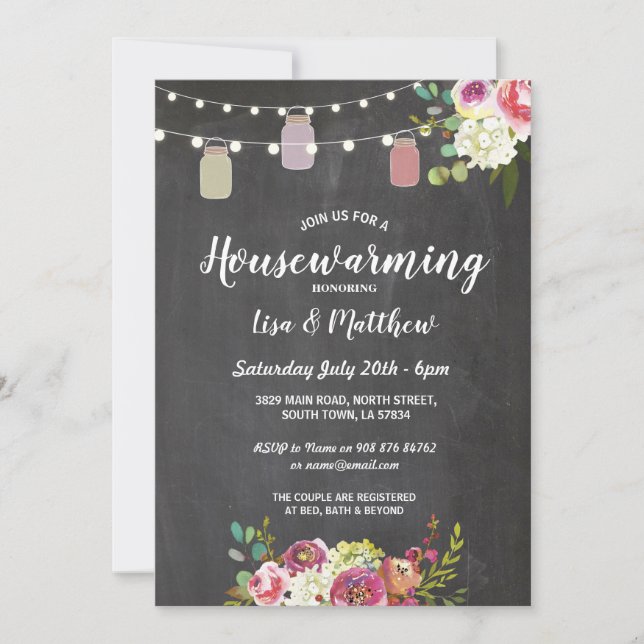 Housewarming Party Rustic Jars Chalk Floral Invite (Front)