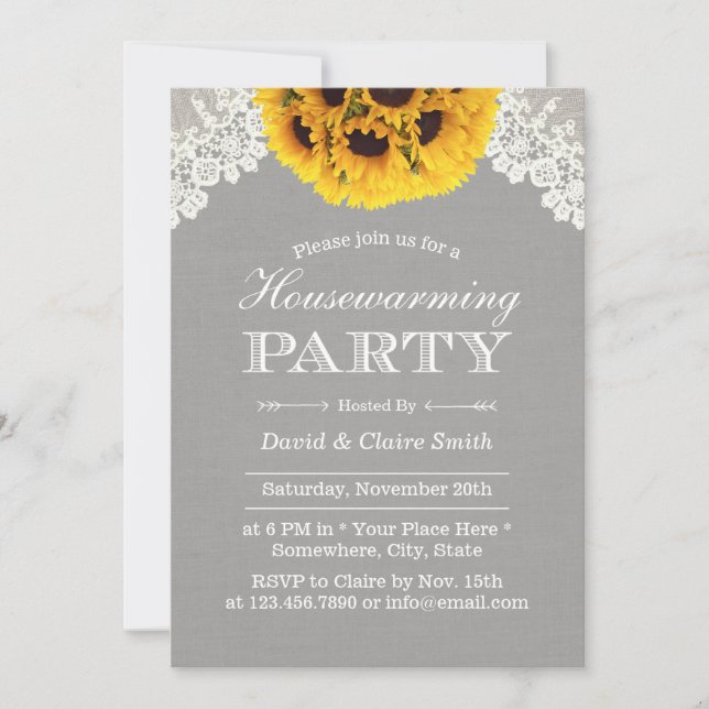 Housewarming Party Rustic Sunflowers Silver Laced Invitation (Front)