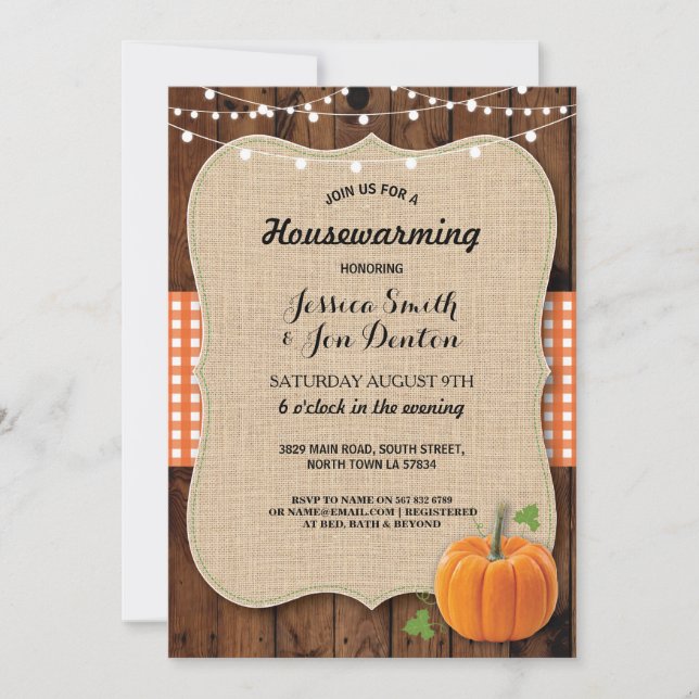 Housewarming Party Rustic Wood Pumpkin Burlap Invitation (Front)