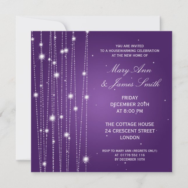 Housewarming Party Sparkling Lines Purple Invitation (Front)