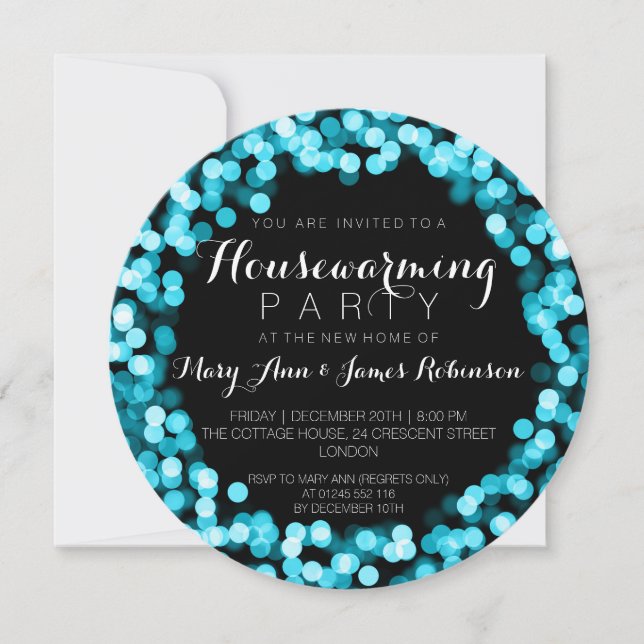 Housewarming Party Turquoise Sparkly Lights Invitation (Front)