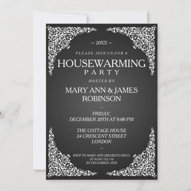 Housewarming Party Vintage Swirls Black Invitation (Front)
