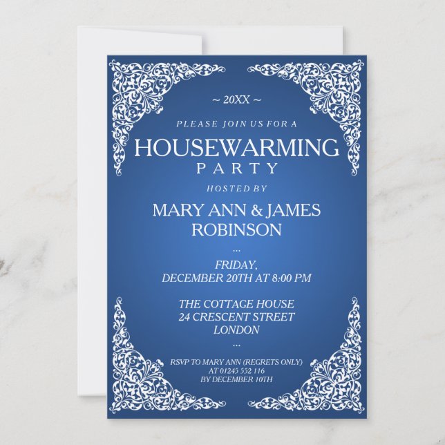 Housewarming Party Vintage Swirls Blue Invitation (Front)