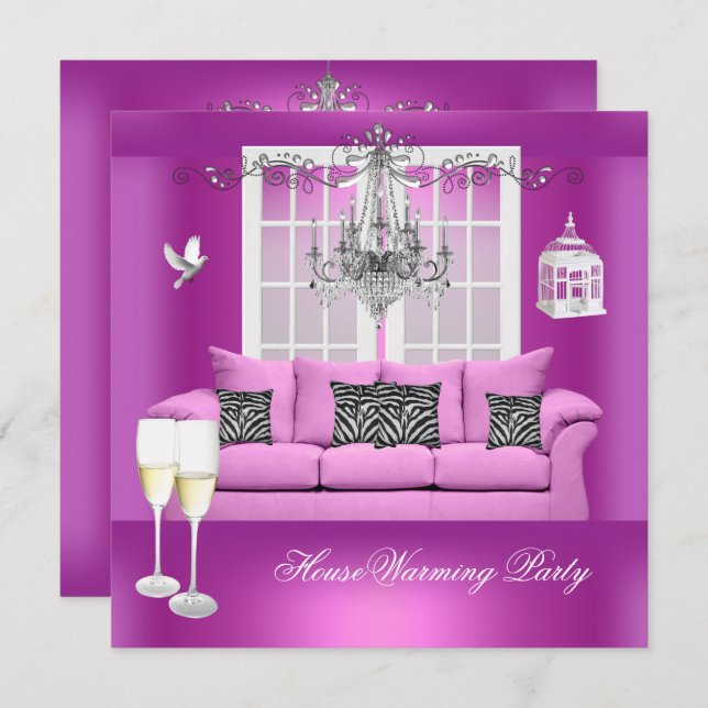 HouseWarming Pink Champagne Chandelier Sofa Invitation (Front/Back)