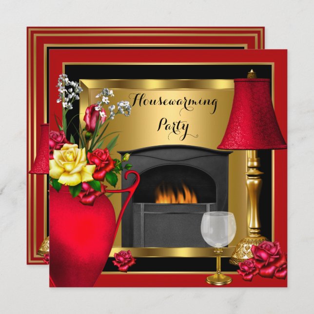 Housewarming Red Gold Roses Decor Wine Glass Invitation (Front/Back)