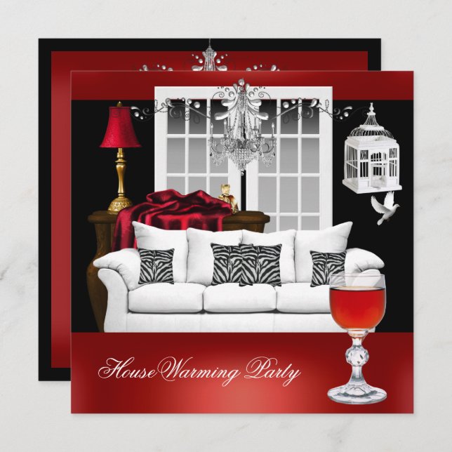 HouseWarming Red White Black Chandelier Invitation (Front/Back)