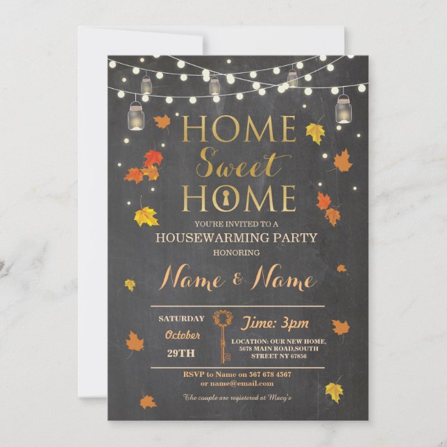 Housewarming Sweet Home Fall Chalk Leaves Invite (Front)