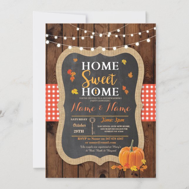 Housewarming Sweet Home Fall Wood Pumpkin Invite (Front)