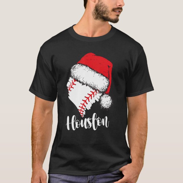 Houston Baseball Heart Santa Hat Merry Xmas T-Shirt (Front)