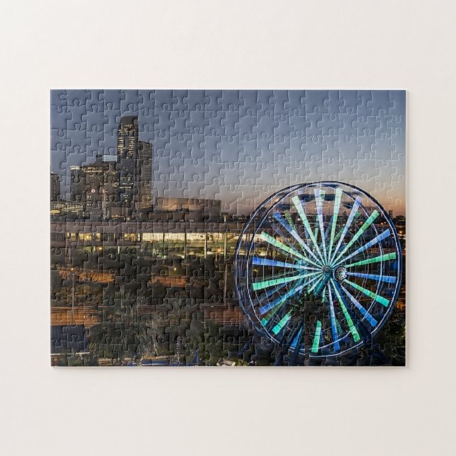 Houston Skyline | Night Lighs Ferris Wheel Photo Jigsaw Puzzle (Horizontal)