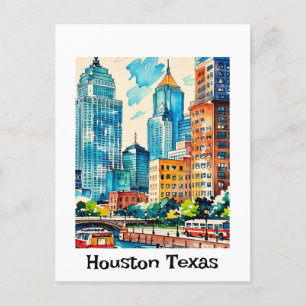 Houston Skyline water colour Postcard