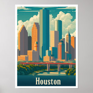 Houston Texas Art Vintage Travel Illustration Poster