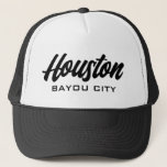 Houston Texas Bayou City trucker hat<br><div class="desc">Houston Texas Bayou City script typography trucker hat. Custom black and white baseball cap for casual wear,  beach,  sports,  travel,  golf and more. Stylish hand lettering design for men and women. Available in other cool colours too. Personalise with your own slogan or nickname optionally.</div>