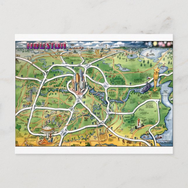 Houston Texas Cartoon Map Postcard (Front)