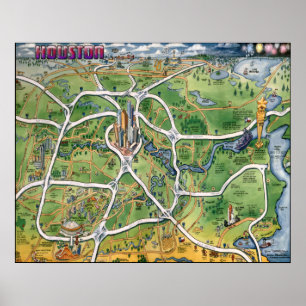 Houston Texas Cartoon Map Poster