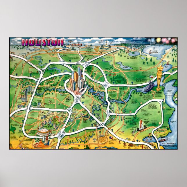 Houston Texas Cartoon Map Poster (Front)