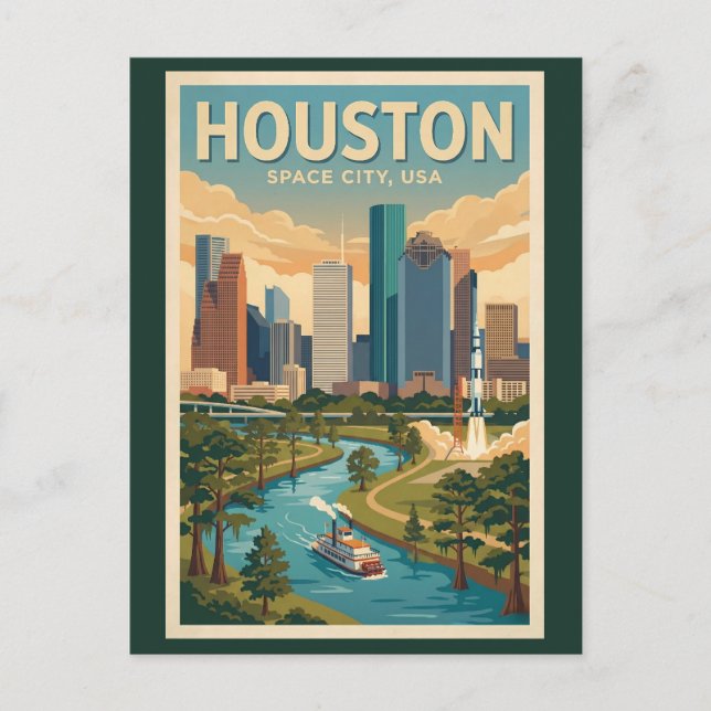 Houston Texas Illustration Travel Art Vintage Postcard (Front)