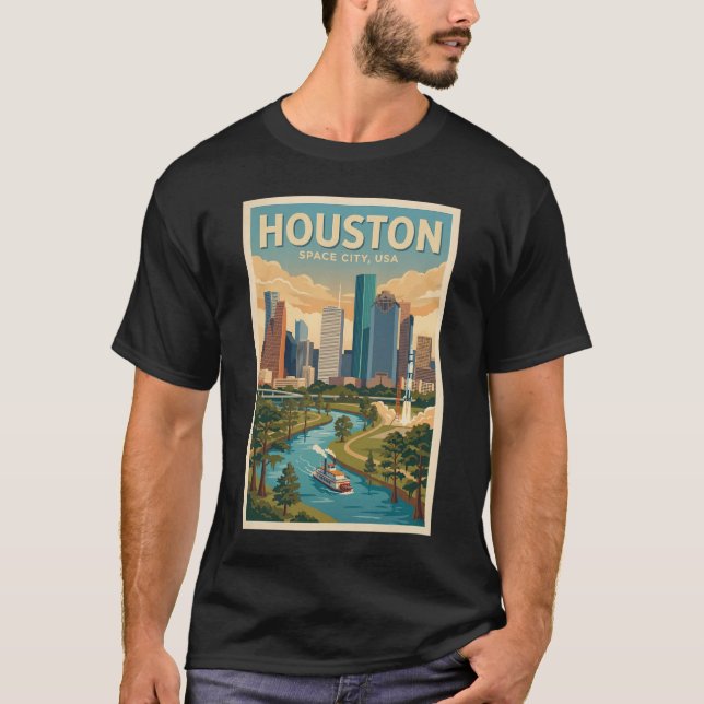Houston Texas Illustration Travel Art Vintage T-Shirt (Front)