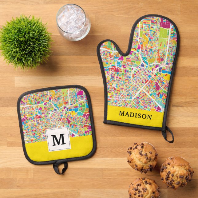 Houston, Texas | Neon Map Oven Mitt & Pot Holder Set (Top Down)