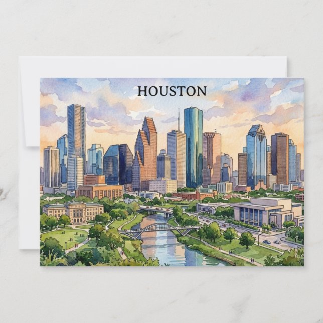 Houston Texas Retro Watercolor Artwork Invitation (Front)