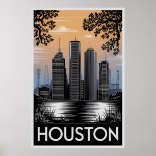 Houston Texas Skyline Black White Woodcut Poster