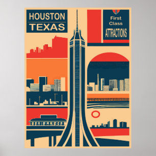 Houston, Texas, Tourist Attractions, Travel Poster