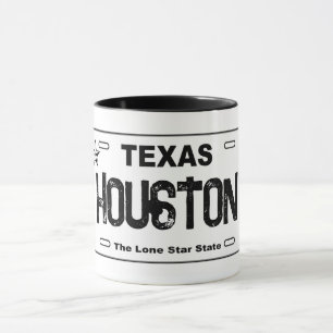Houston Texas white license plate mug