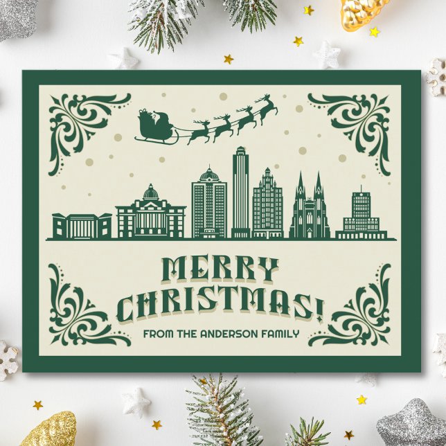 Houston, TX Skyline Christmas Holiday Postcard (Houston, TX skyline christmas card green modern merry christmas postcard with custom details)