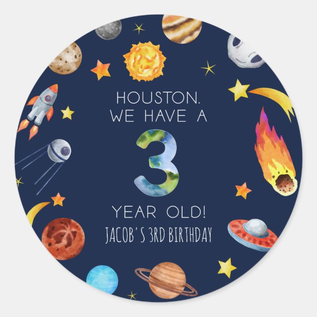 Houston We Have A 3 Year Old 3rd Birthday Party Classic Round Sticker (Front)