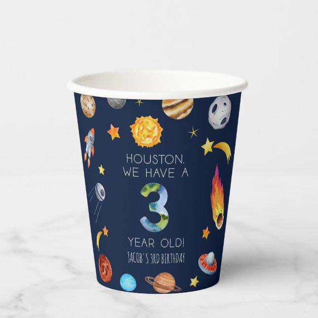 Houston We Have A 3 Year Old 3rd Birthday Party Paper Cups (Front)