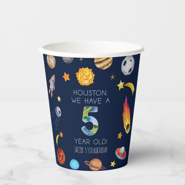 Houston We Have A 5 Year Old 5th Birthday Party Paper Cups (Front)