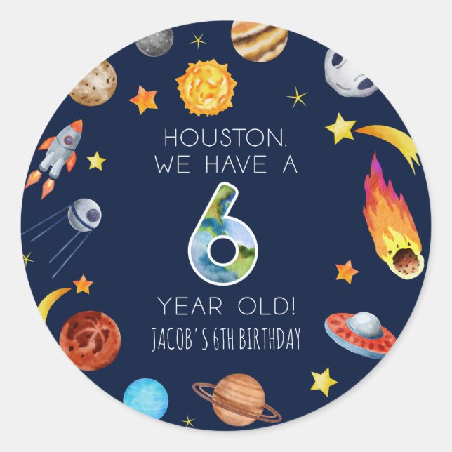 Houston We Have A 6 Year Old 6th Birthday Party Classic Round Sticker (Front)