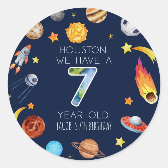 Houston We Have A 7 Year Old 7th Birthday Party Classic Round Sticker (Front)