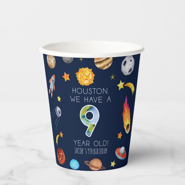 Houston We Have A 9 Year Old 9th Birthday Party Paper Cups (Front)