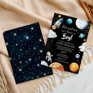 Houston We Have a Boy Black Space Baby Shower Invitation