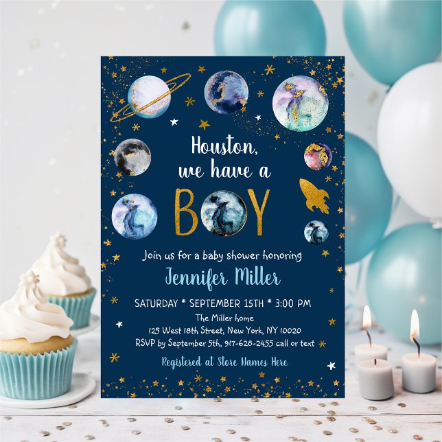 Houston We Have A Boy Blue Gold Galaxy Baby Shower Invitation (Creator Uploaded)