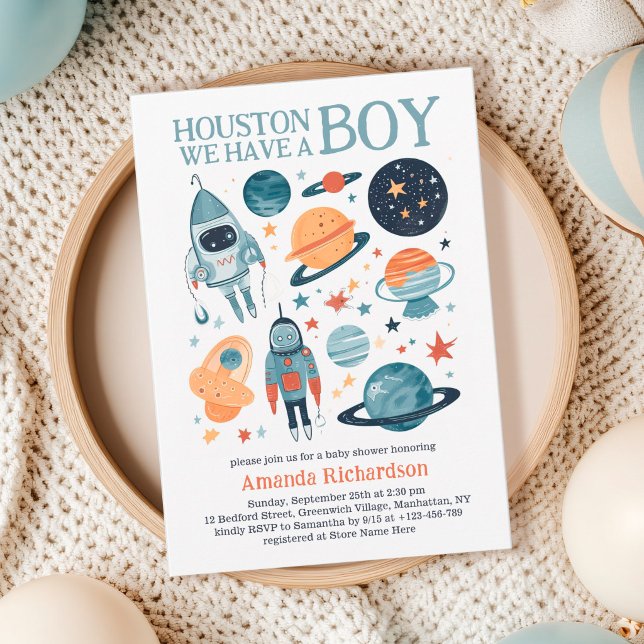 Houston We Have A Boy Outer Space Baby Shower Invitation (Houston We have a boy baby shower invitation)